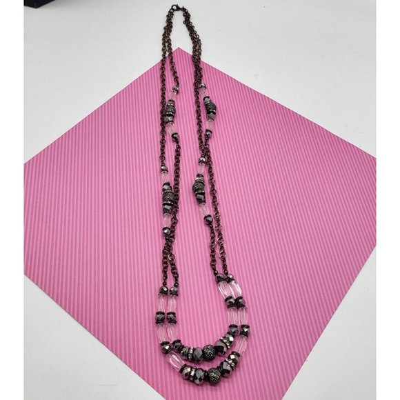 INC Intl Concepts Metal Necklace Gunmetal Silver Clear Rhinestone Faceted Beads - Picture 2 of 9